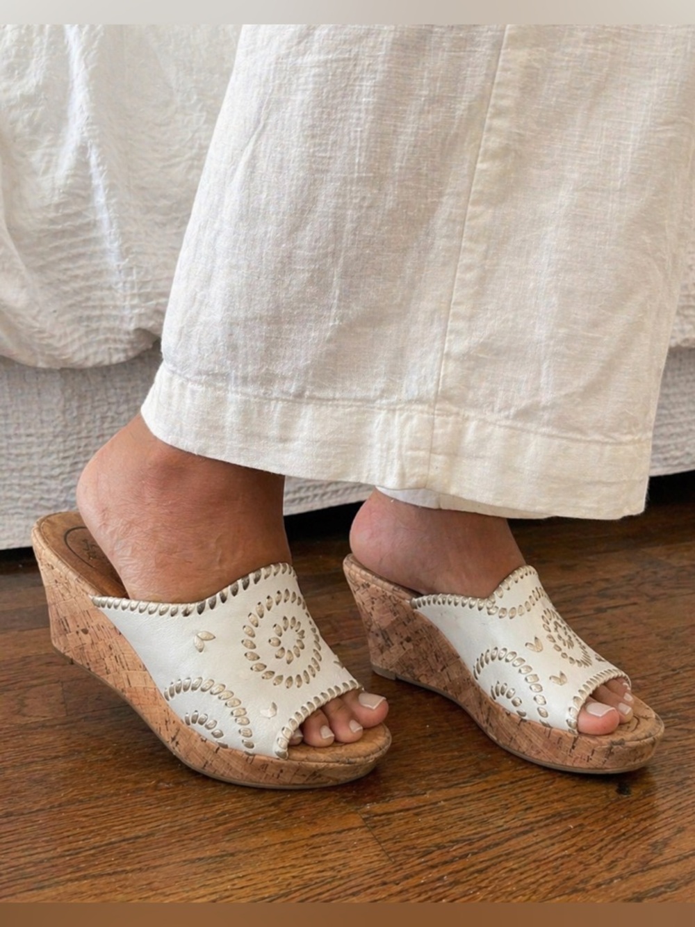 Jack Rogers White Cork Wedge Mules